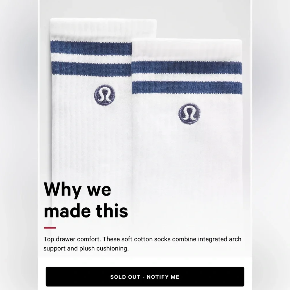 lululemon Crew Stripe Socks,White,Blue, Daily Essentials, L (9.5-12)